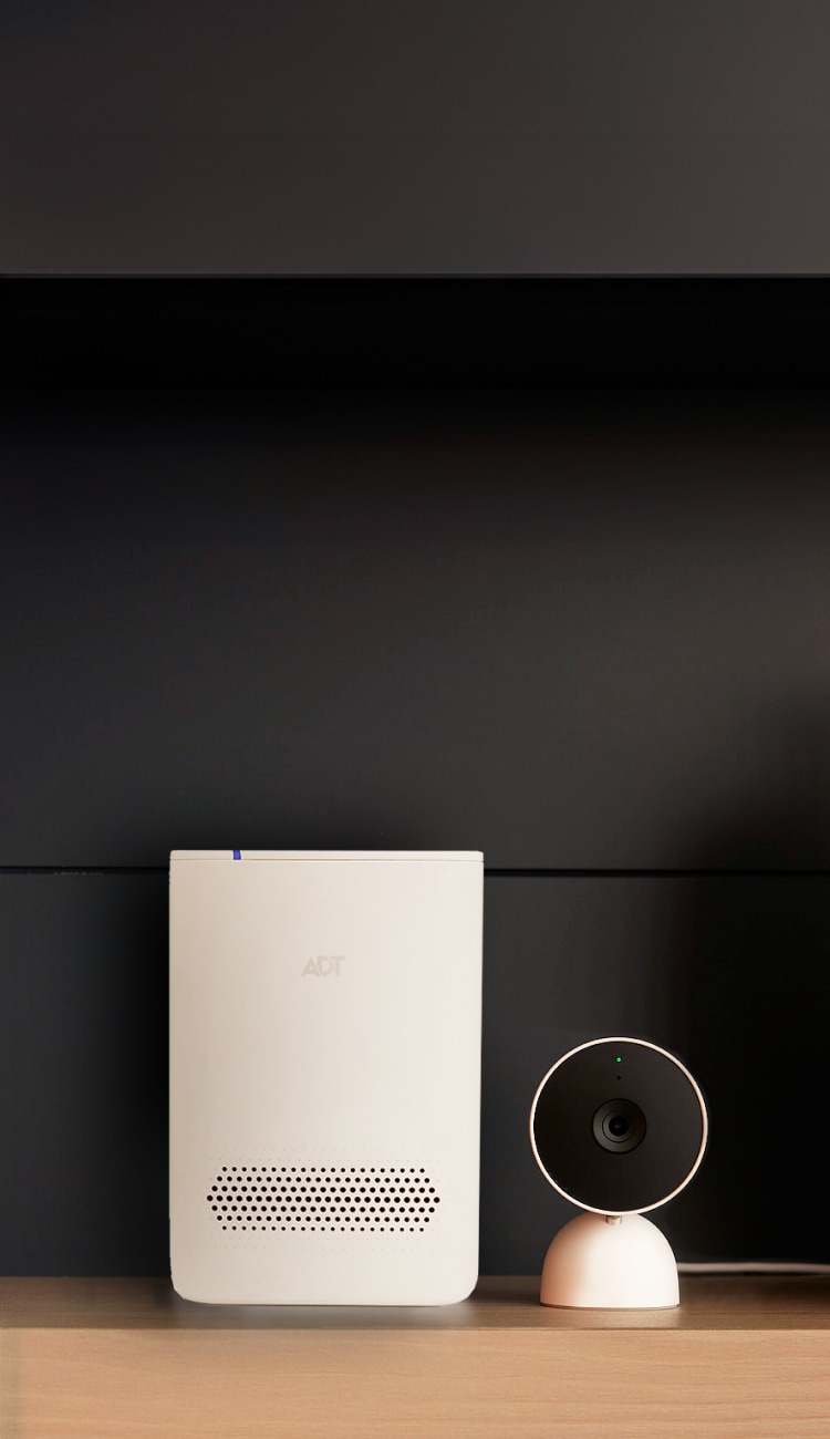 Couple standing in their kitchen with ADT devices